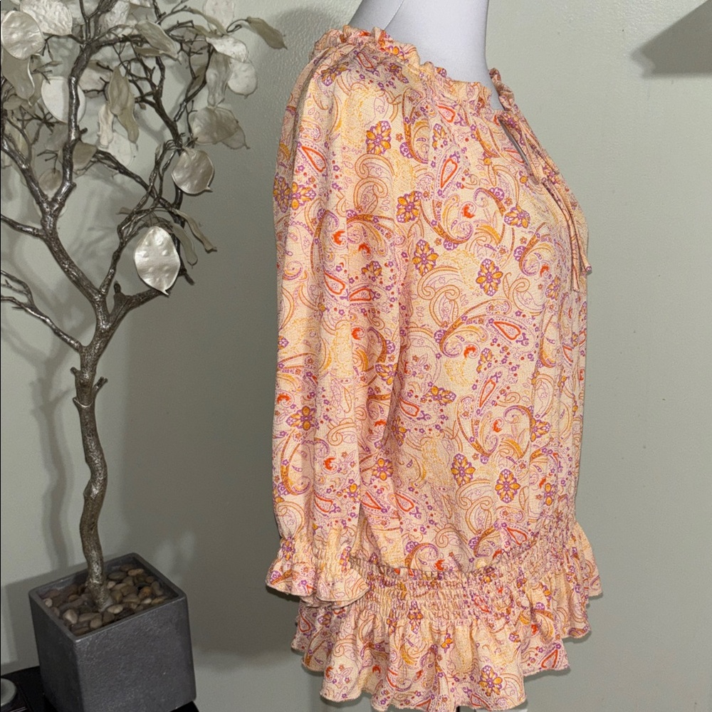 Anthropologie Paisley Ruffle Blouse Cream and Orange - Picture 3 of 4